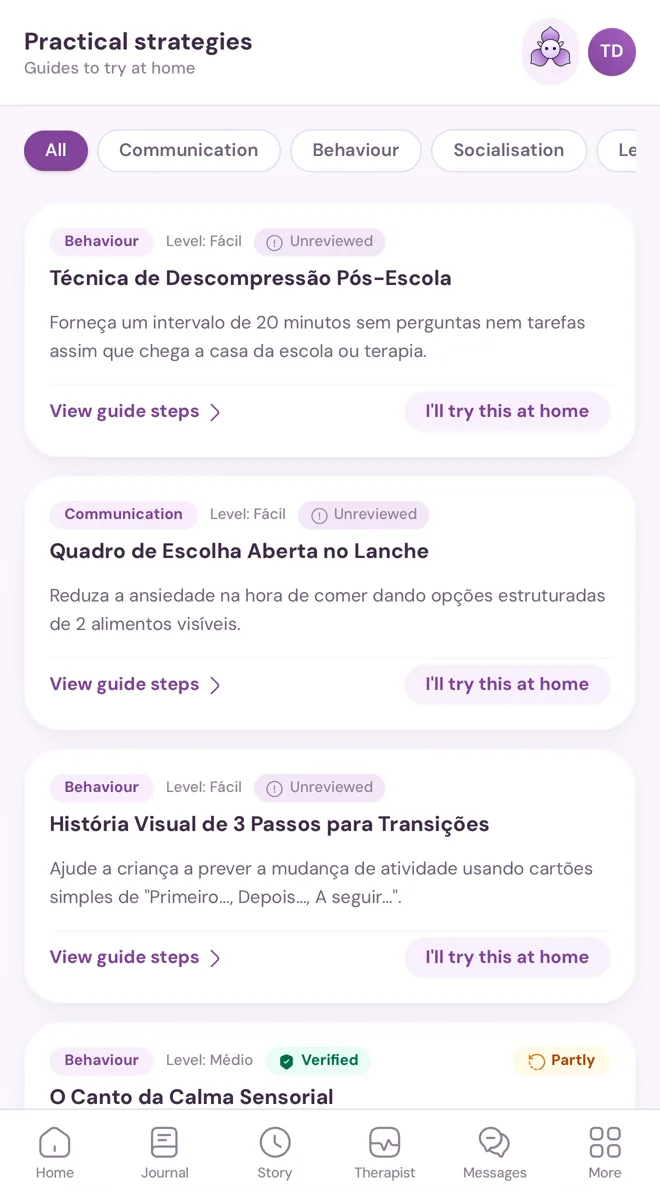 Ecrã da aplicação: guias práticos com estratégias para experimentar em casa
