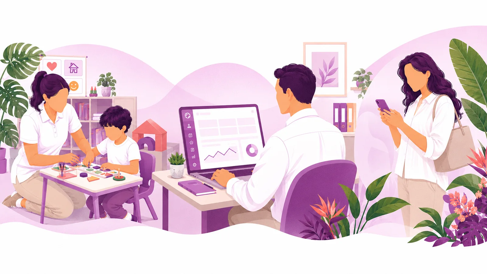 Ilustração: terapeuta em sessão com uma criança, coordenador na plataforma e mãe a receber a nota no telemóvel