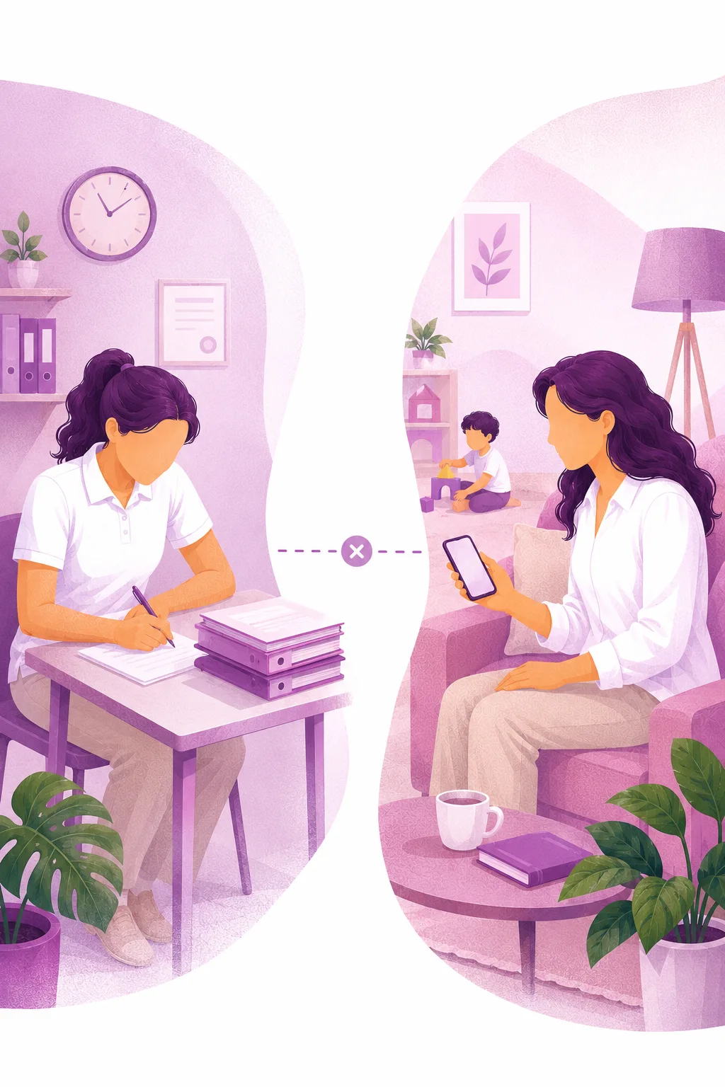 Ilustração: terapeuta a escrever notas e mãe em casa à espera, separadas por uma ligação quebrada