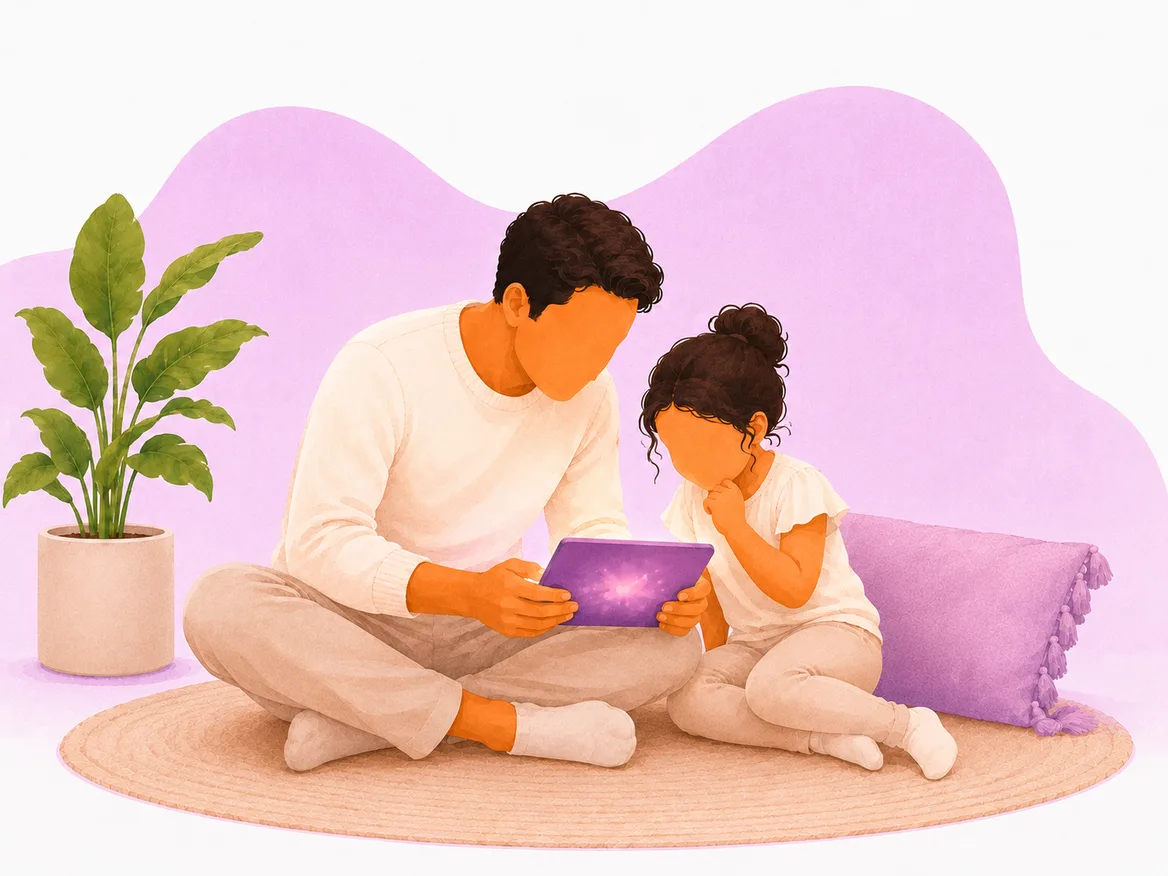 Ilustração: pai e filha a ver as notas da sessão num tablet