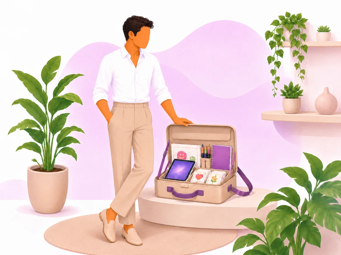 Ilustração: terapeuta independente com a sua caixa de ferramentas clínica